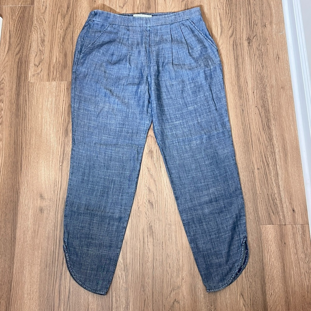 Trina Turk Linen Blend Pants Chambray Blue Elastic Waist Relaxed Lightweight